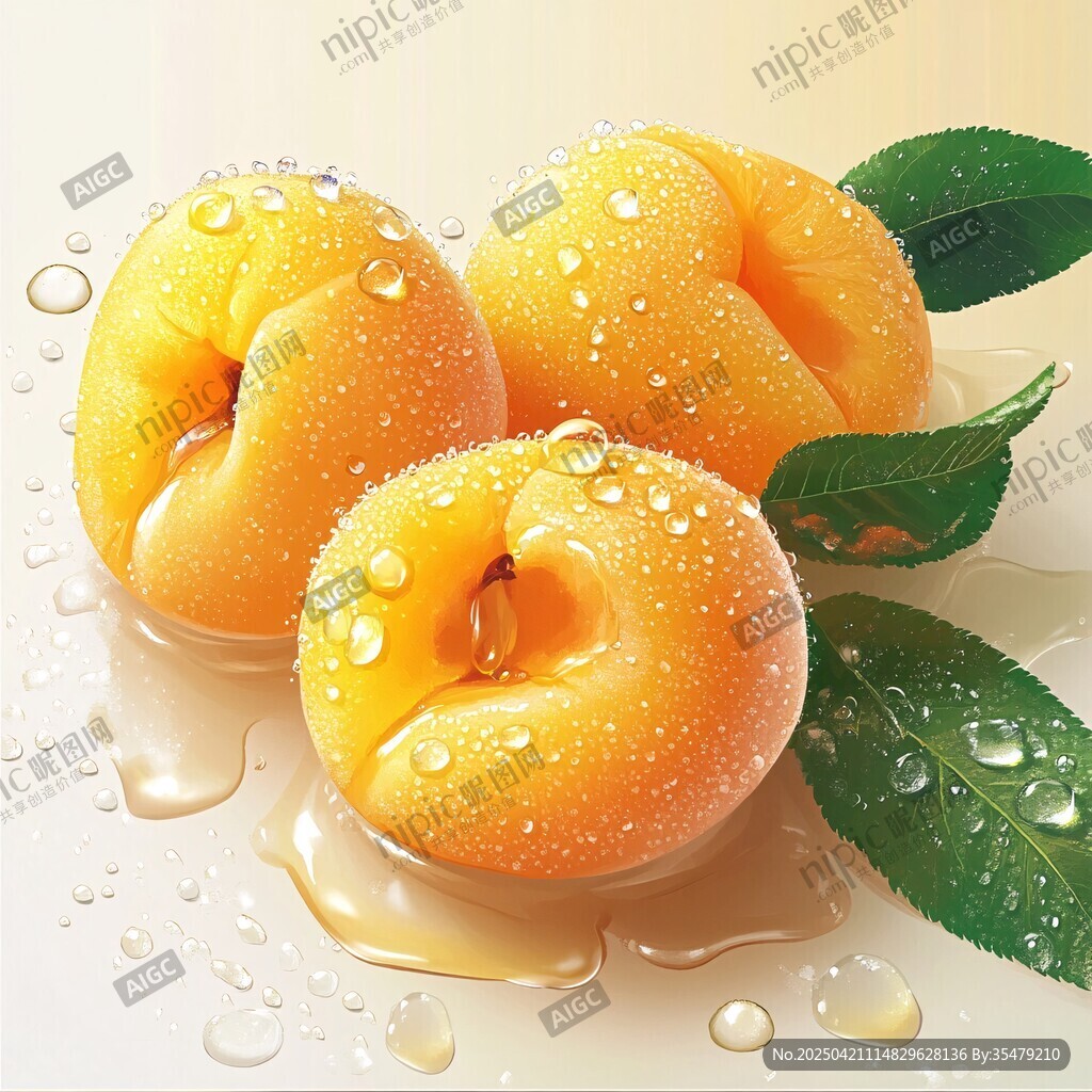 新鮮多汁的黃杏與水珠