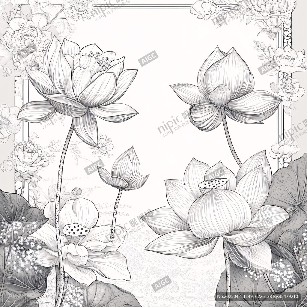 中式水墨風荷花花卉插畫