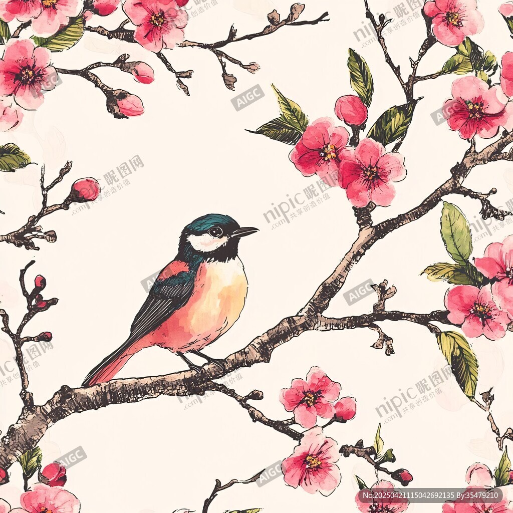 枝頭小鳥(niǎo)與爛漫桃花圖