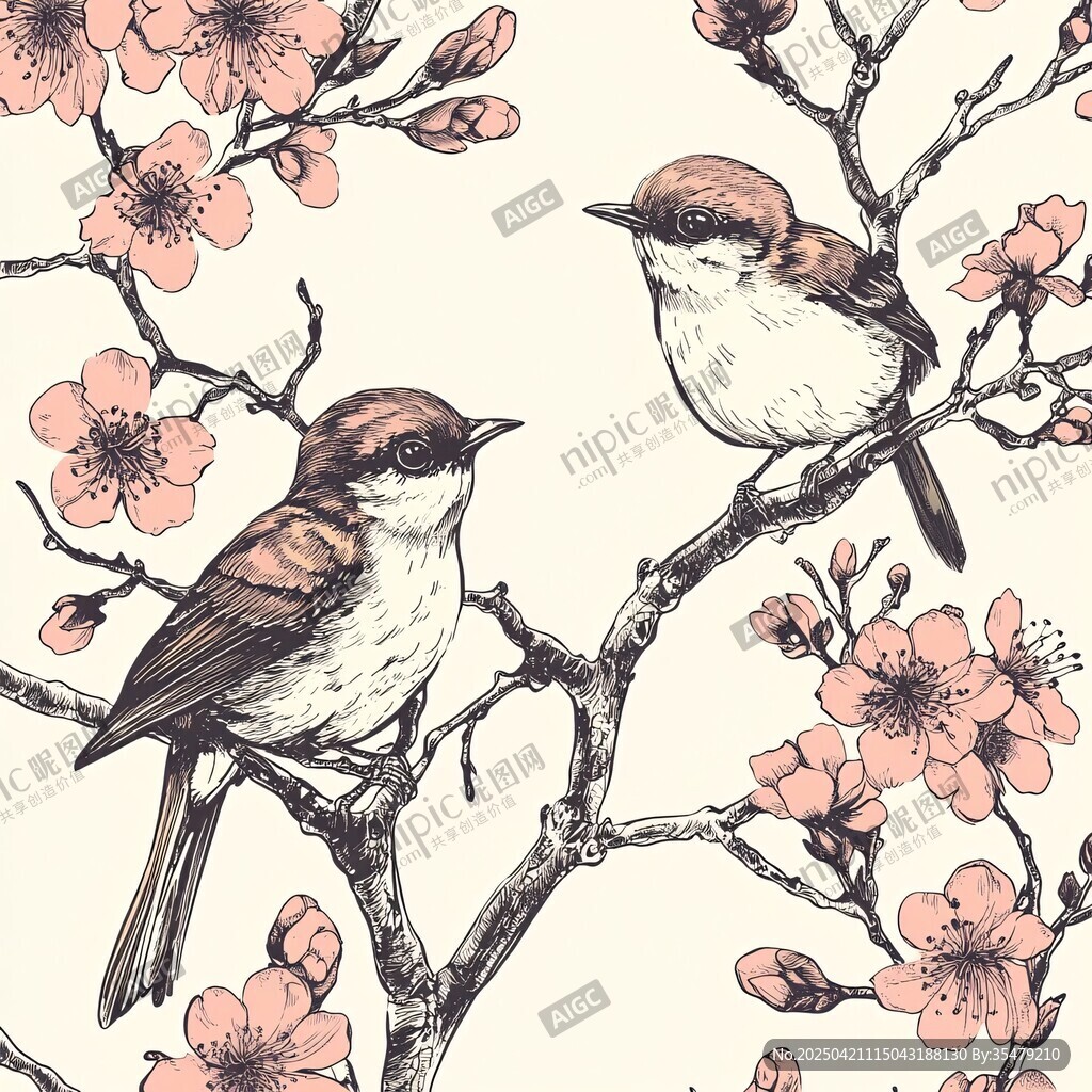 枝頭雙鳥棲 繁花相映襯
