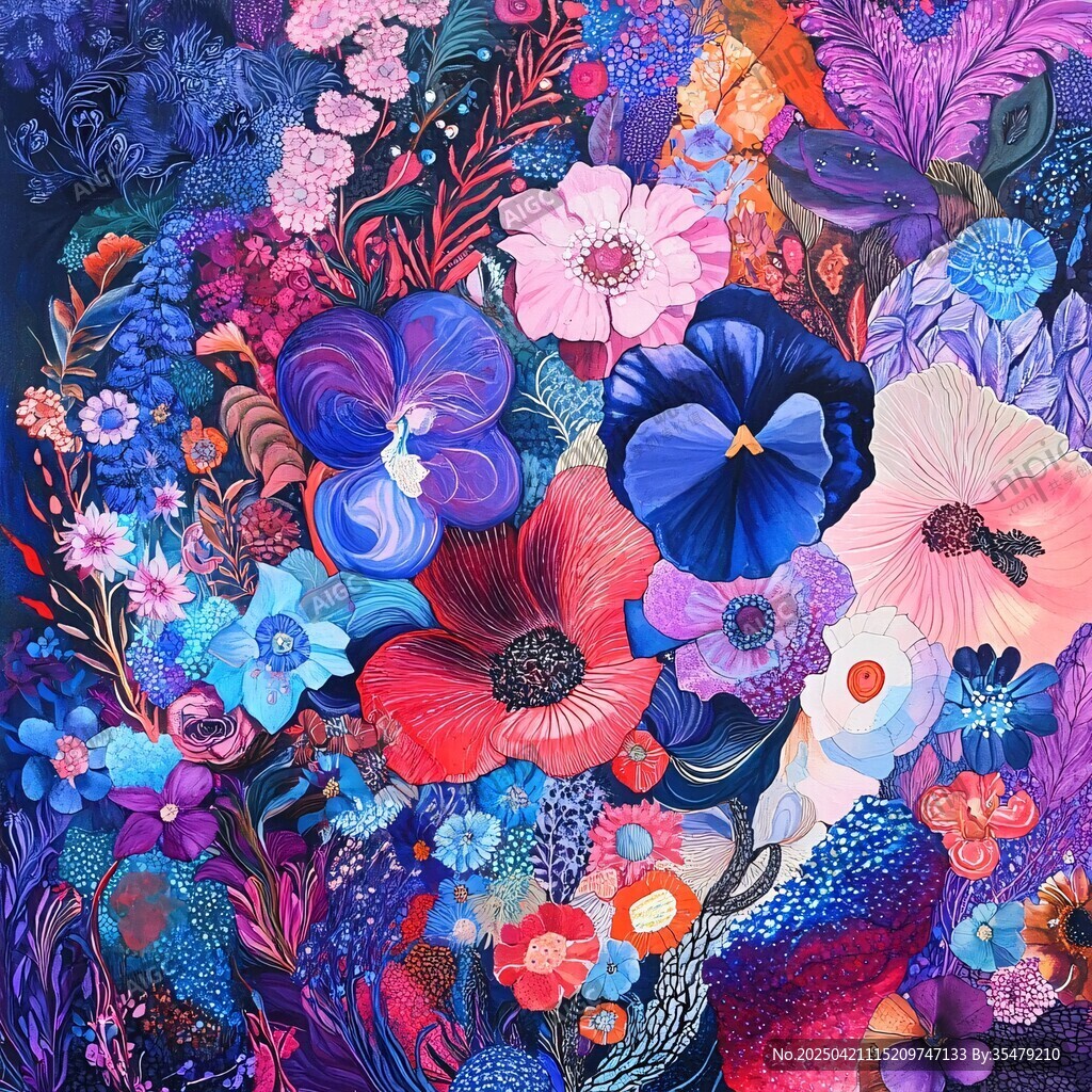 絢麗多彩花卉夢幻插畫