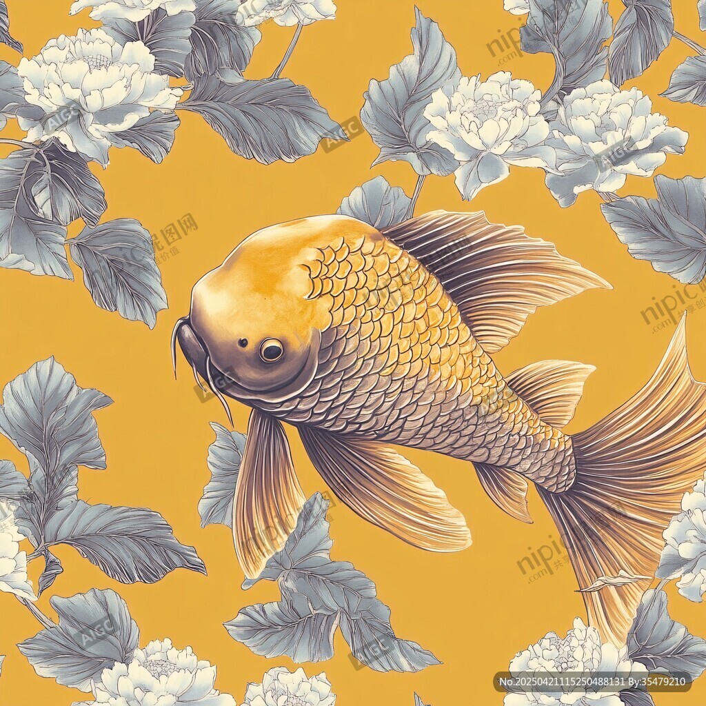 金鯉游弋于牡丹花葉間