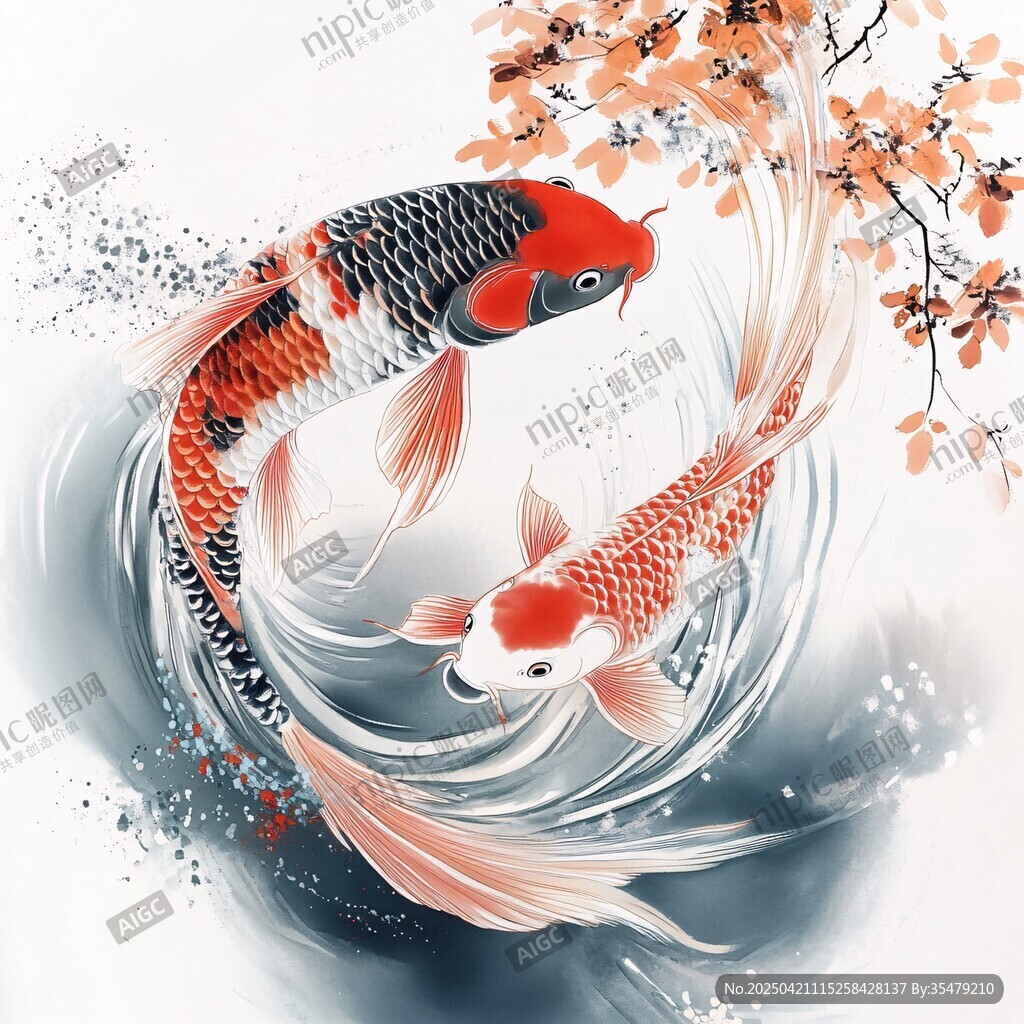 雙鯉戲花圖