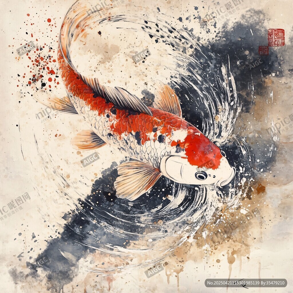 水墨錦鯉圖 靈動水中游
