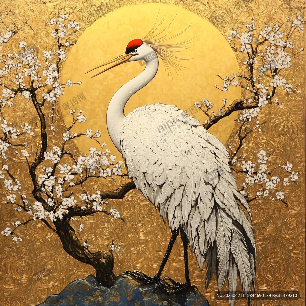金月白鶴棲于繁花枝頭
