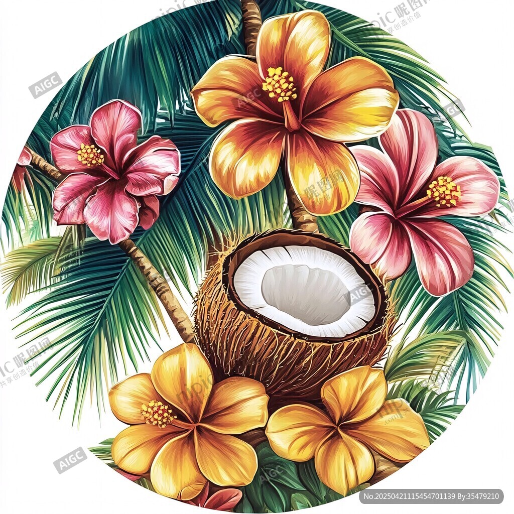熱帶花卉與椰子插畫圖案