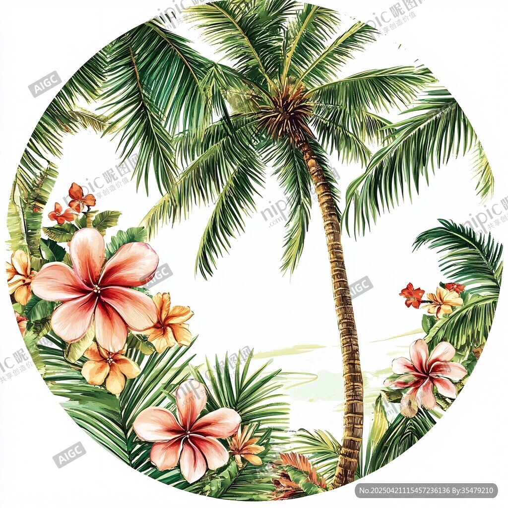 熱帶風(fēng)情花卉與棕櫚樹圖