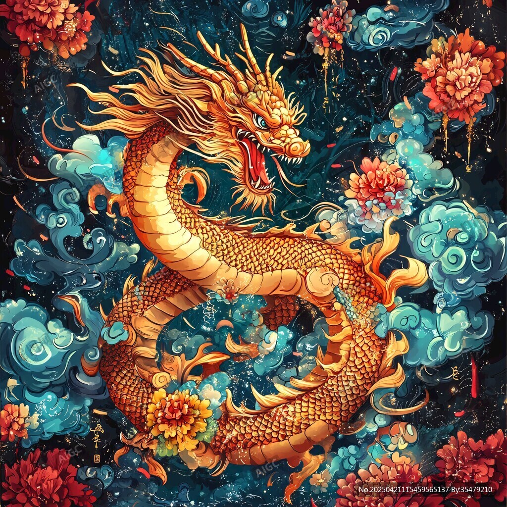 金龍騰躍于繁花云海間
