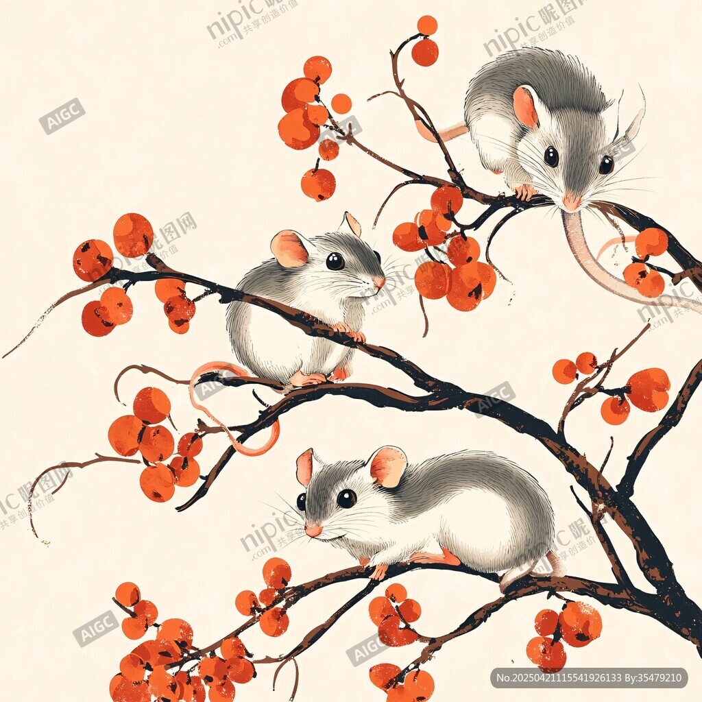 三只小鼠棲于紅果枝頭