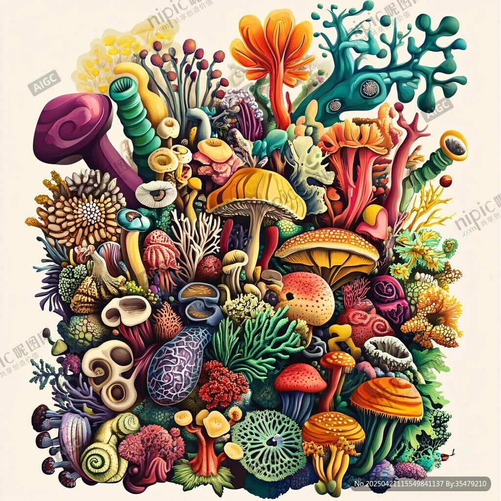奇幻多彩的蘑菇與海底生物