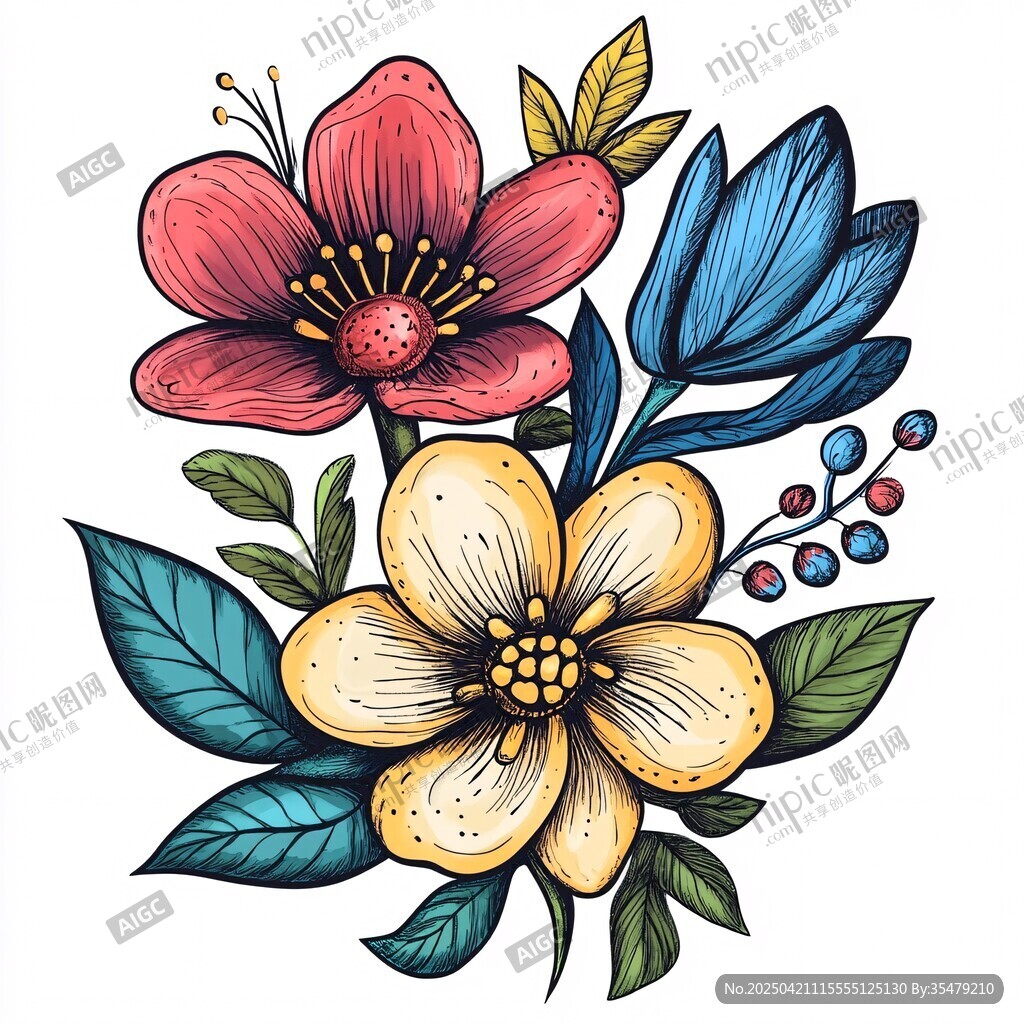 手繪多彩花卉插畫