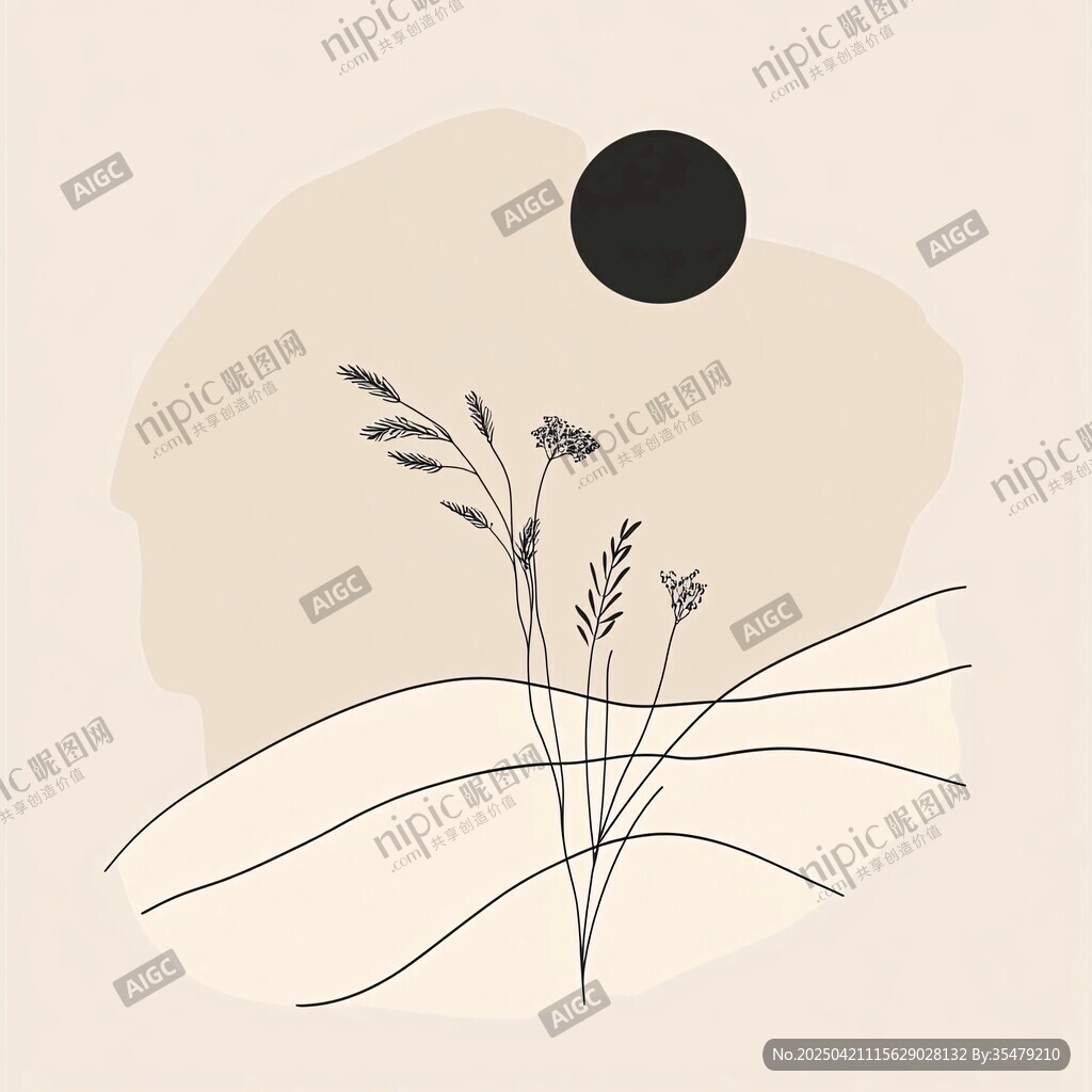 簡(jiǎn)約風(fēng)田野花草與圓日?qǐng)D景