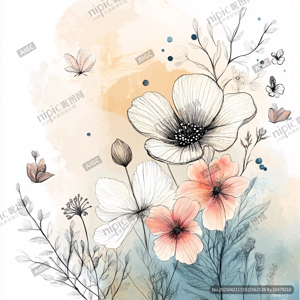 水彩花卉與靈動蝴蝶插畫