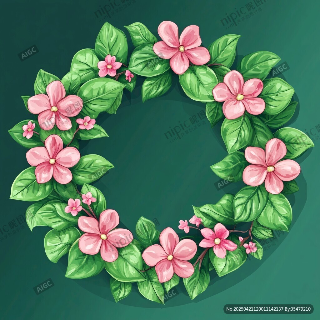 粉色花朵綠葉花環(huán)插畫(huà)