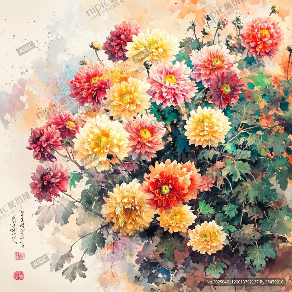 水彩繪就的多彩菊花盛放圖