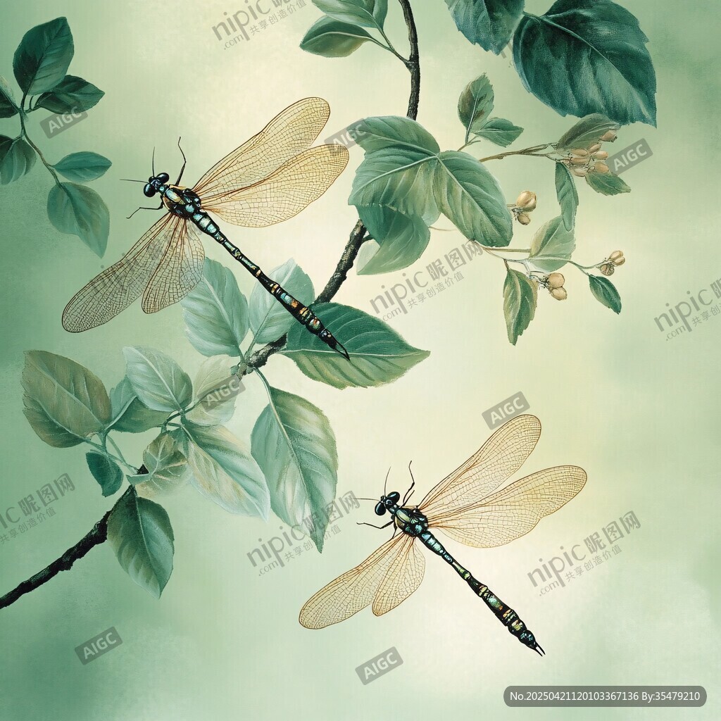 枝頭雙蜻蜓 綠意盎然景