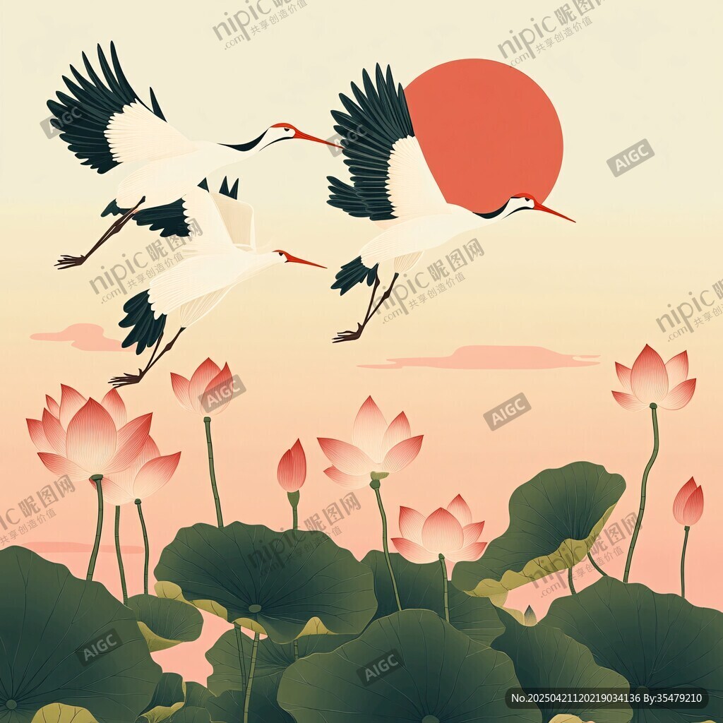 落日下雙鶴飛于荷塘間