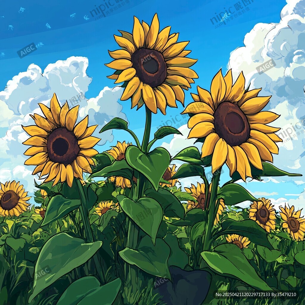 向日葵花海的夢幻插畫
