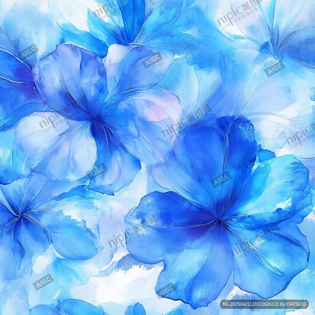 夢幻藍(lán)色水彩花卉圖案