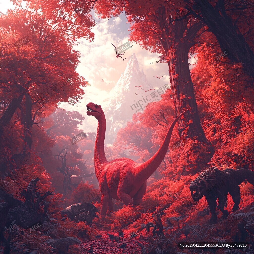 紅色森林中的恐龍奇幻景象