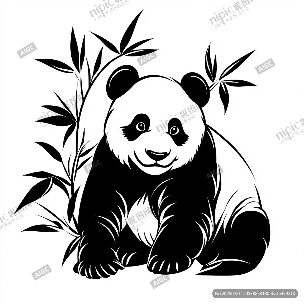 熊貓與竹的黑白插畫(huà)