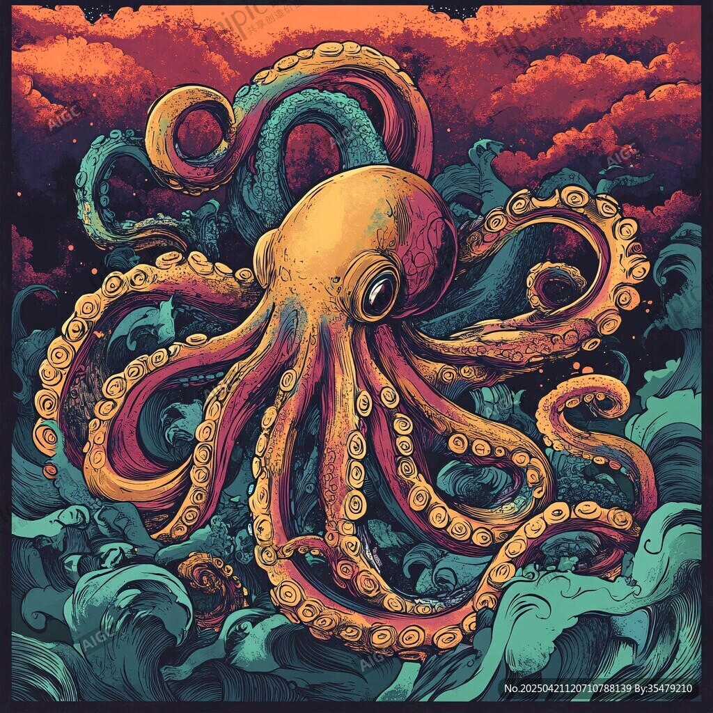 奇幻章魚于洶涌波濤間