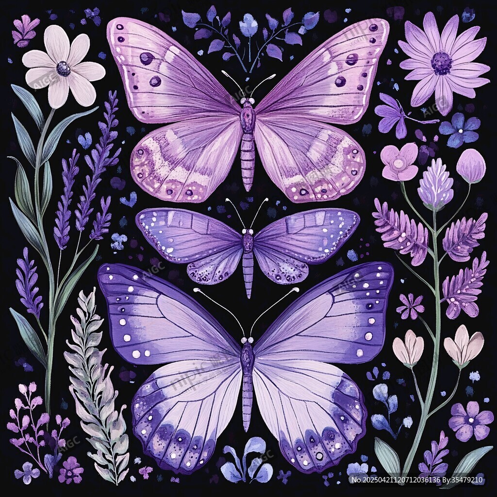 紫色蝶與花的夢幻插畫