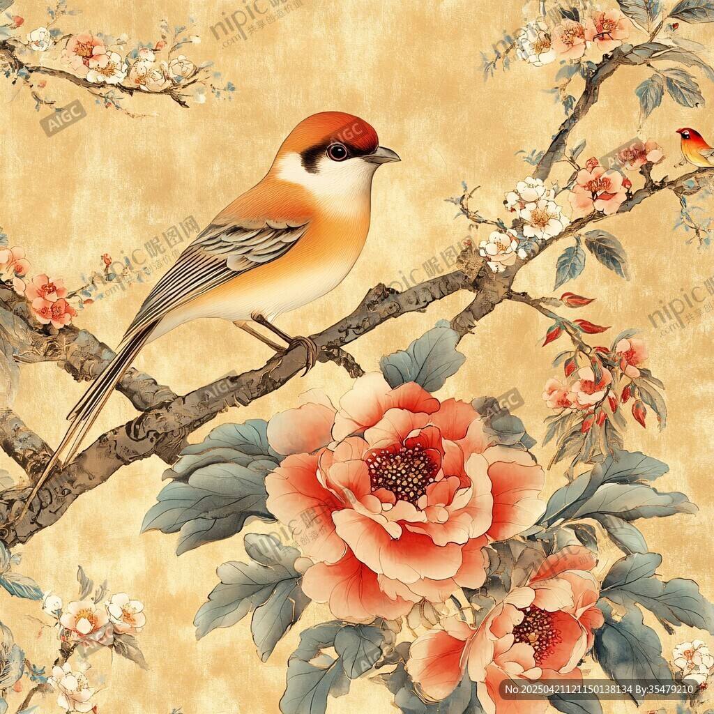 花鳥圖 枝頭雀與盛開牡丹