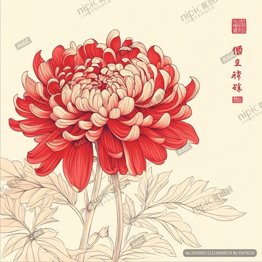 中式工筆紅菊花卉圖
