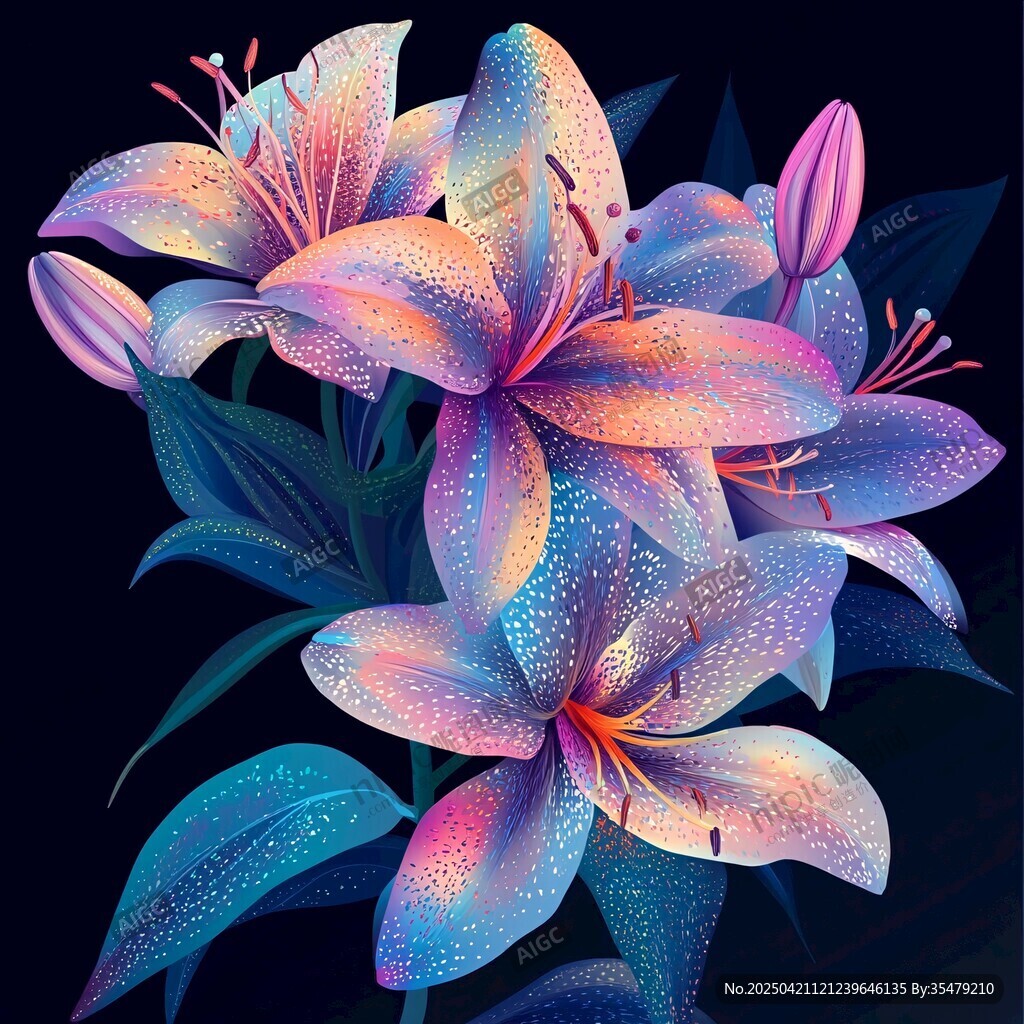 夢幻炫彩百合花插畫