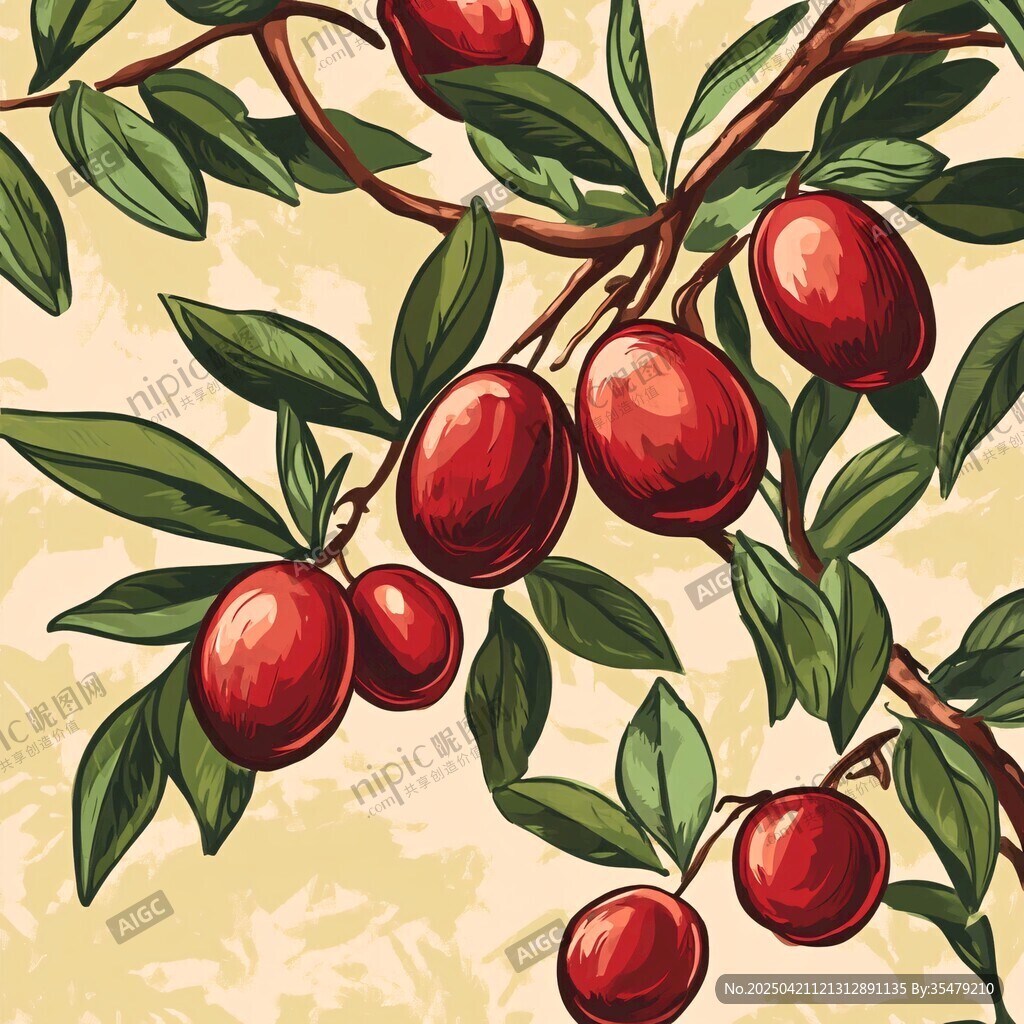 枝頭紅果綠葉插畫