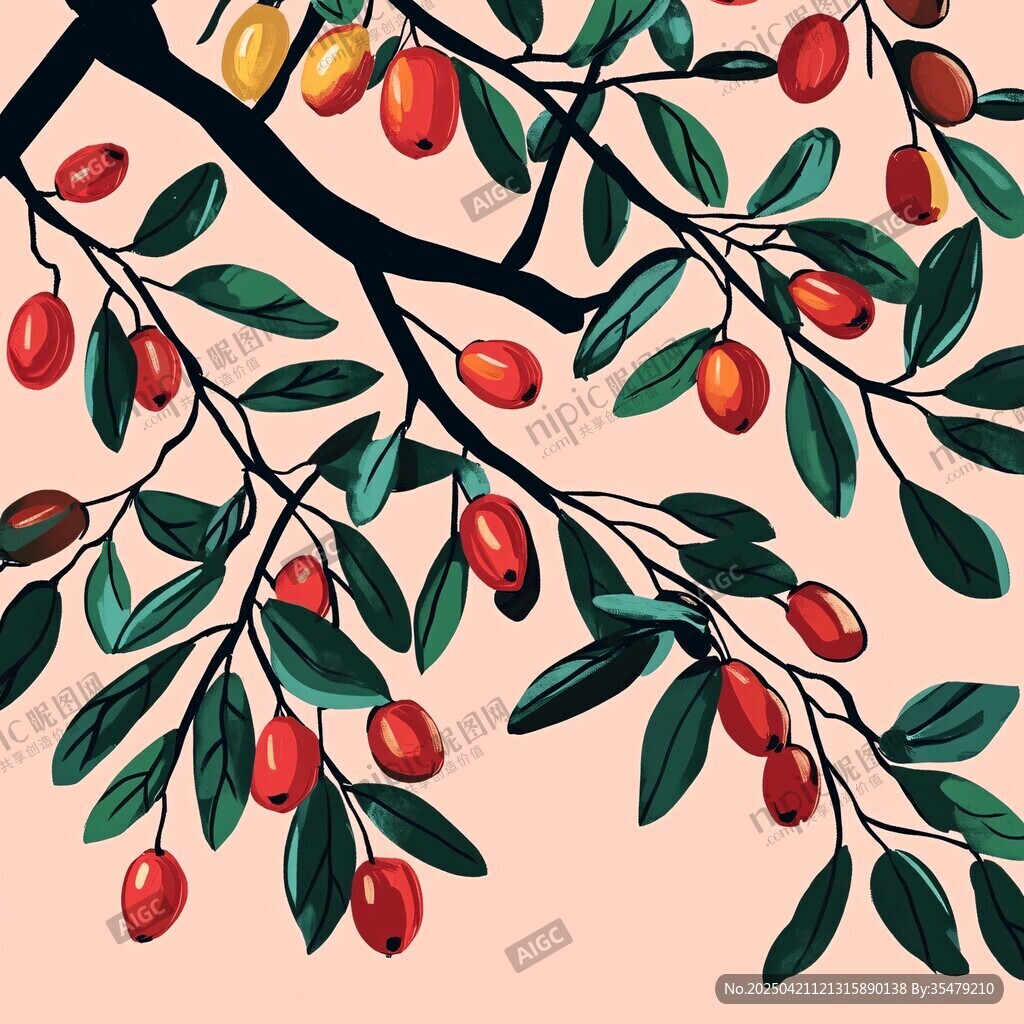 枝頭紅果綠葉插畫(huà)