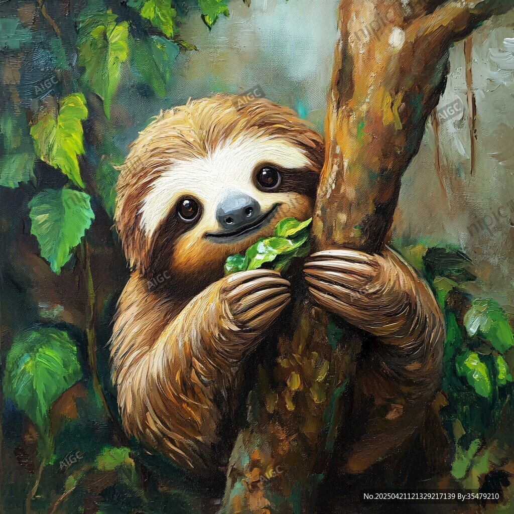 樹懶抱樹吃樹葉萌態(tài)圖
