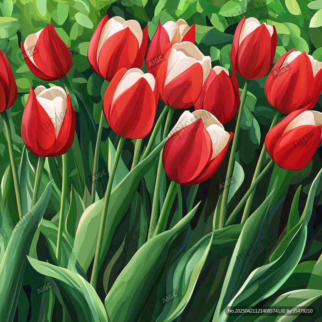 紅白色郁金香花叢插畫