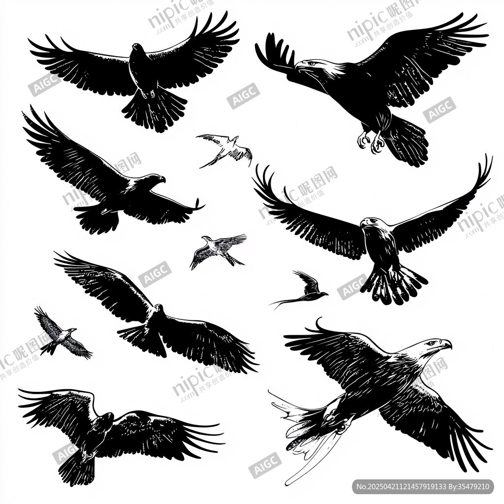 飛翔的鷹與鳥群插畫素材