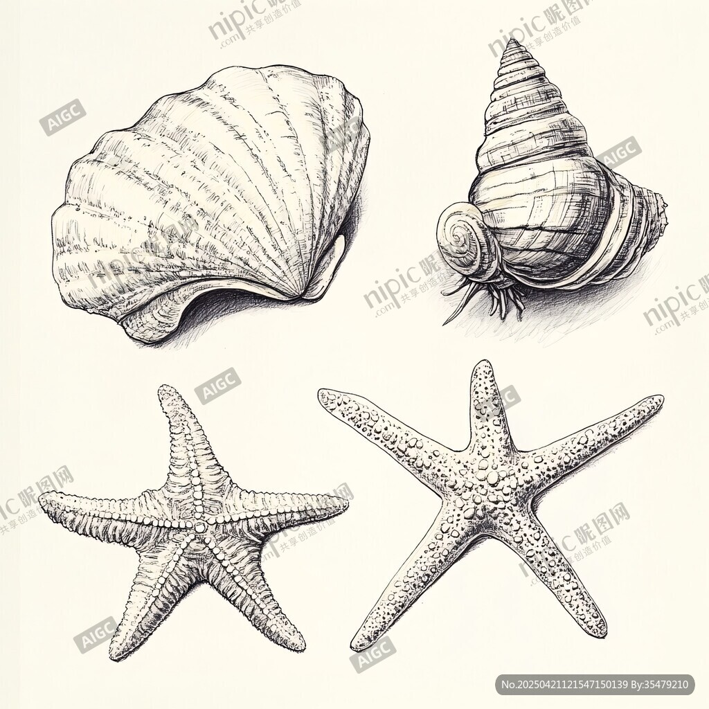 貝殼與海星手繪插畫