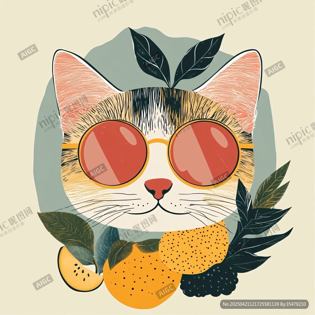 戴墨鏡的水果貓咪插畫