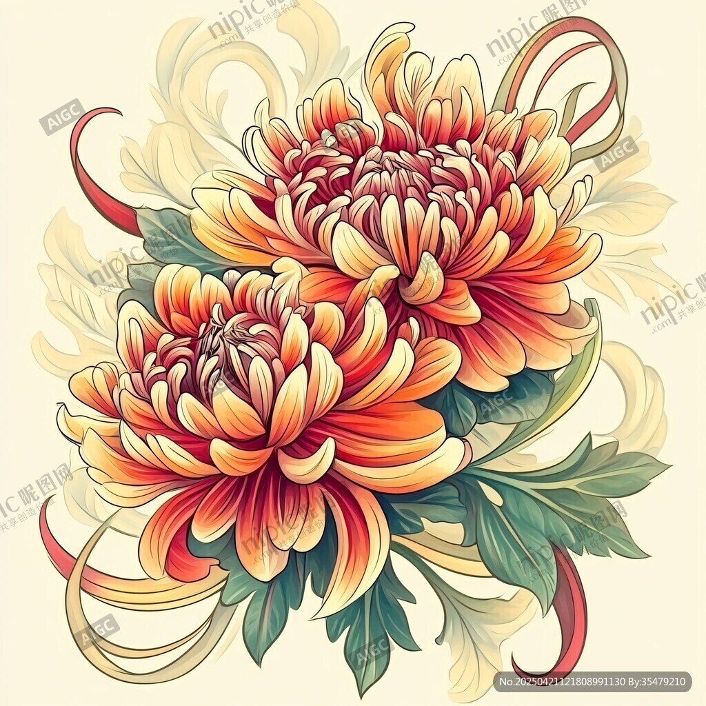 復古風雙朵菊花插畫