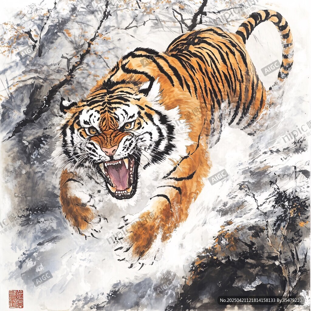 猛虎山林間咆哮圖