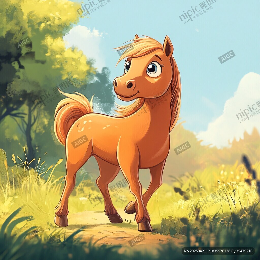 可愛小馬漫步綠意盎然草地
