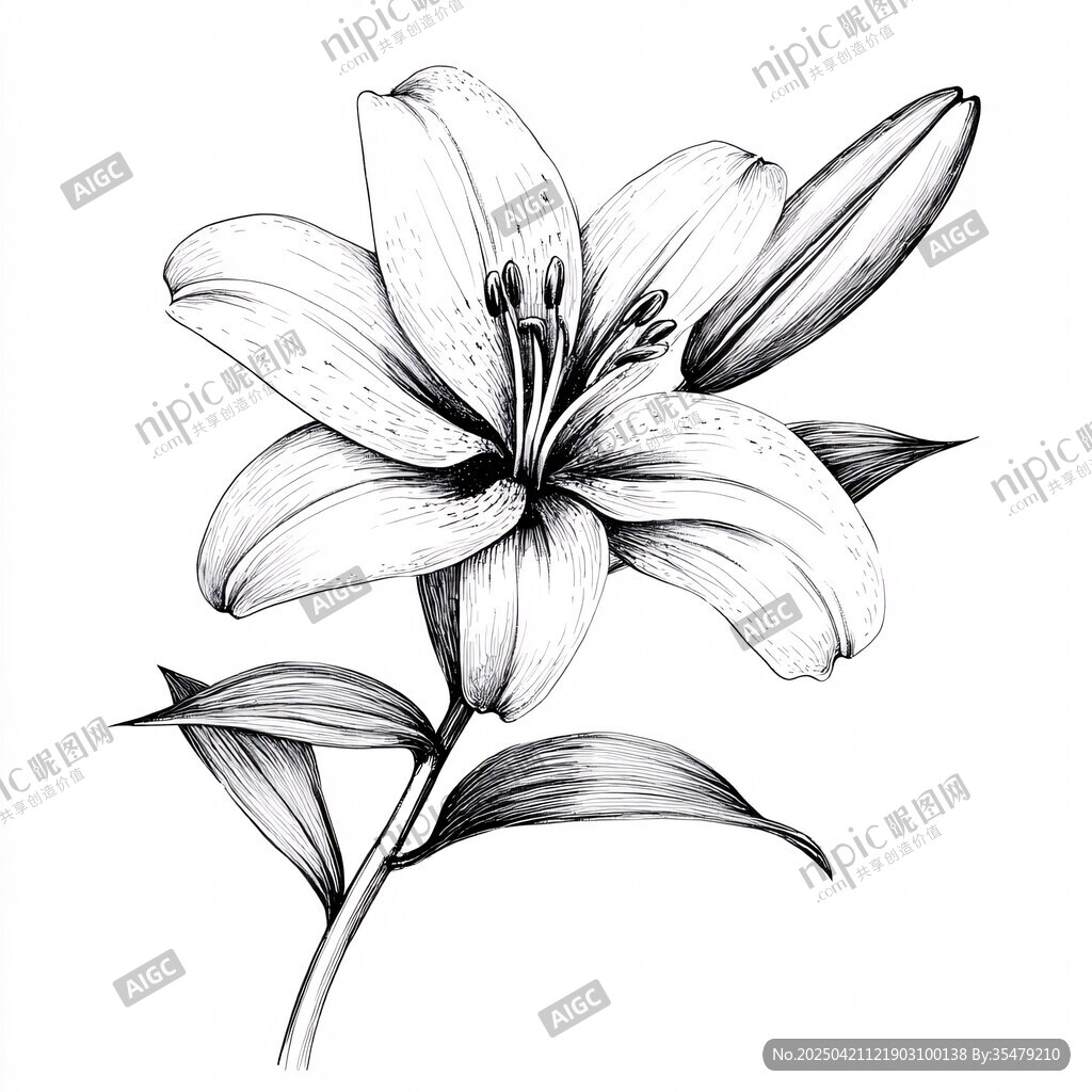手繪百合花黑白線條圖