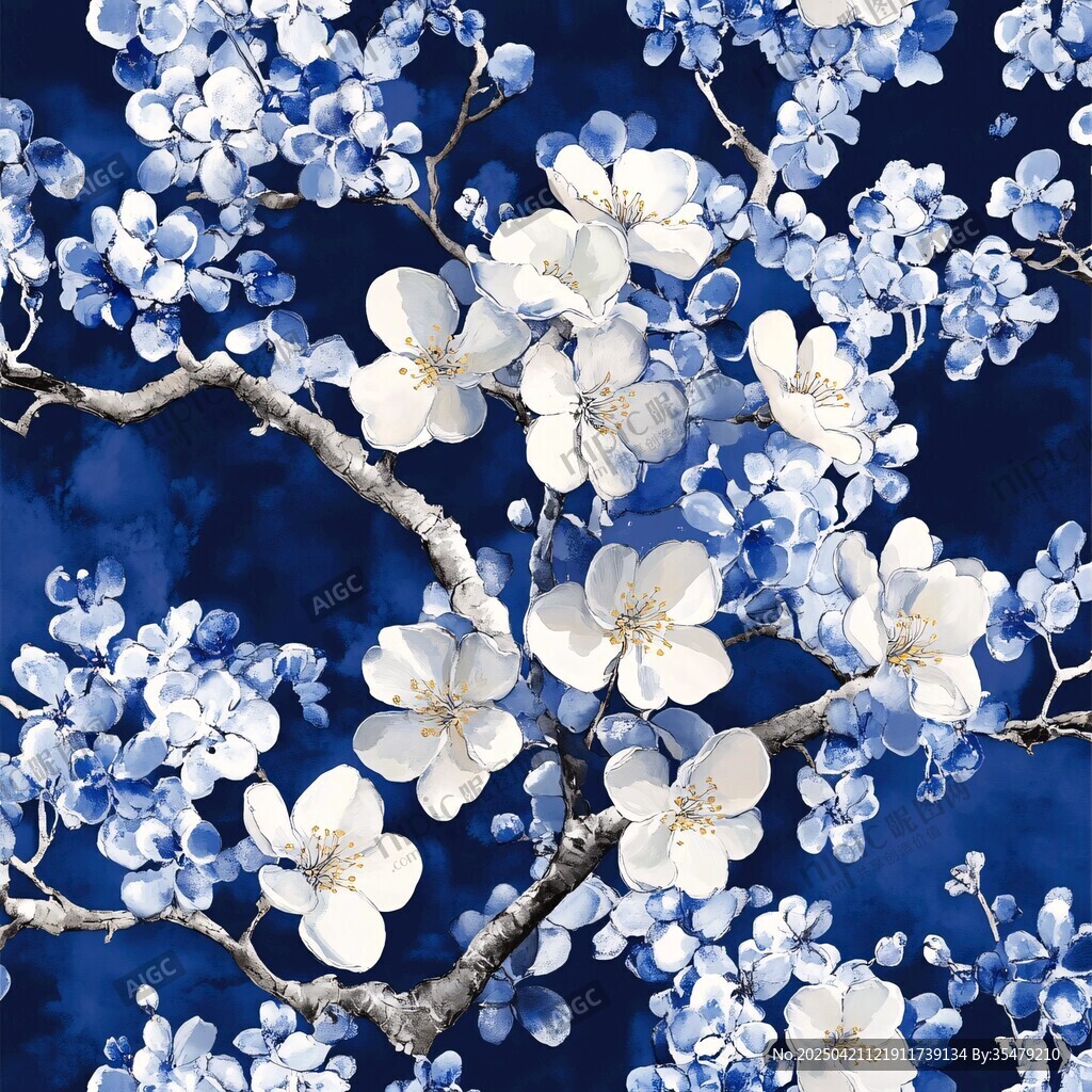 藍底白櫻花卉圖案