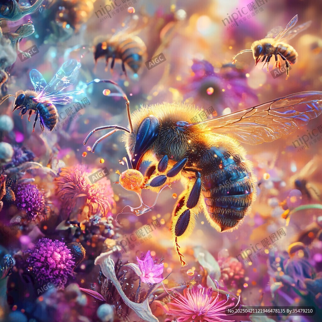 夢幻花叢中的忙碌蜜蜂