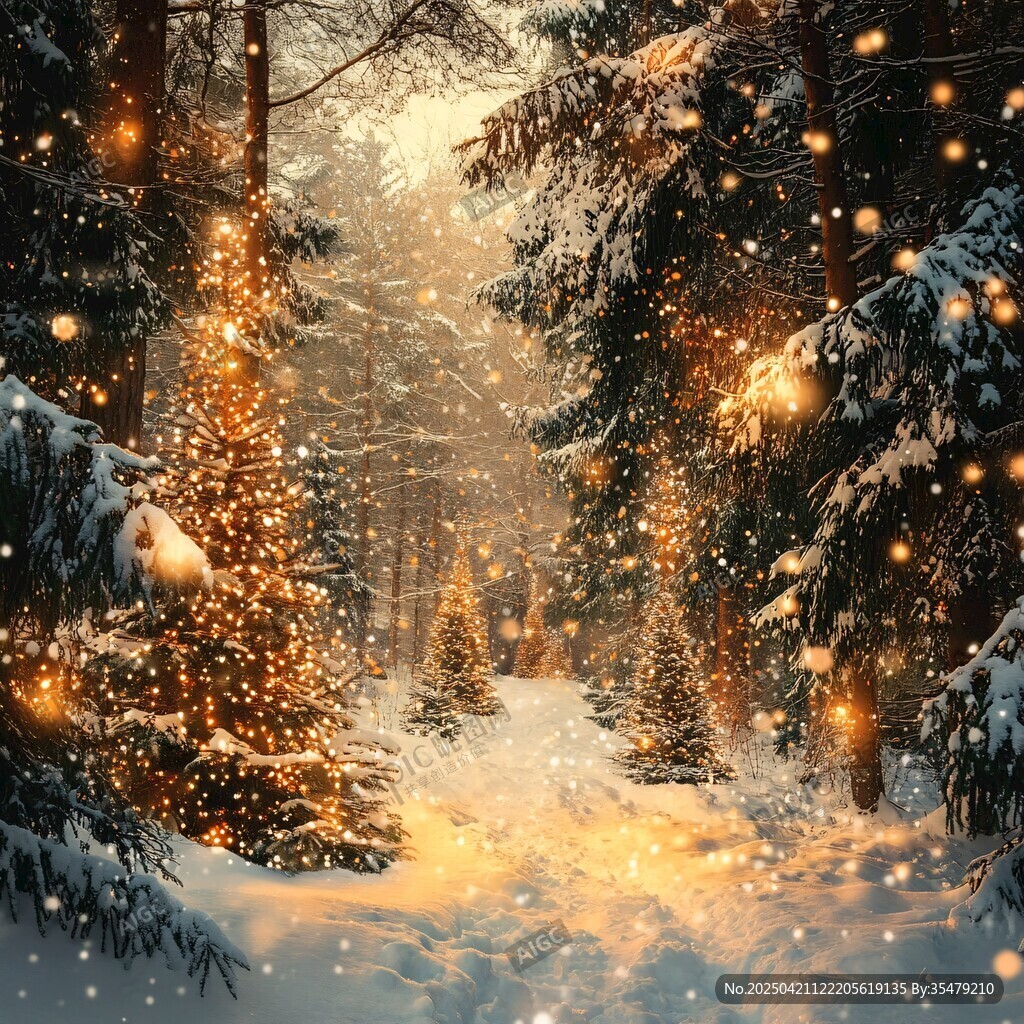 夢幻冬日雪林的璀璨燈光