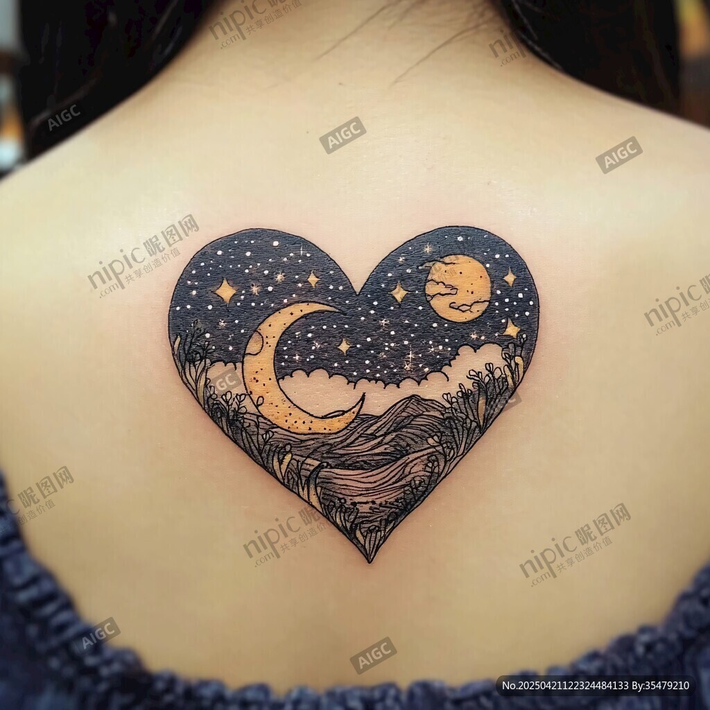 心形星空海浪紋身圖案