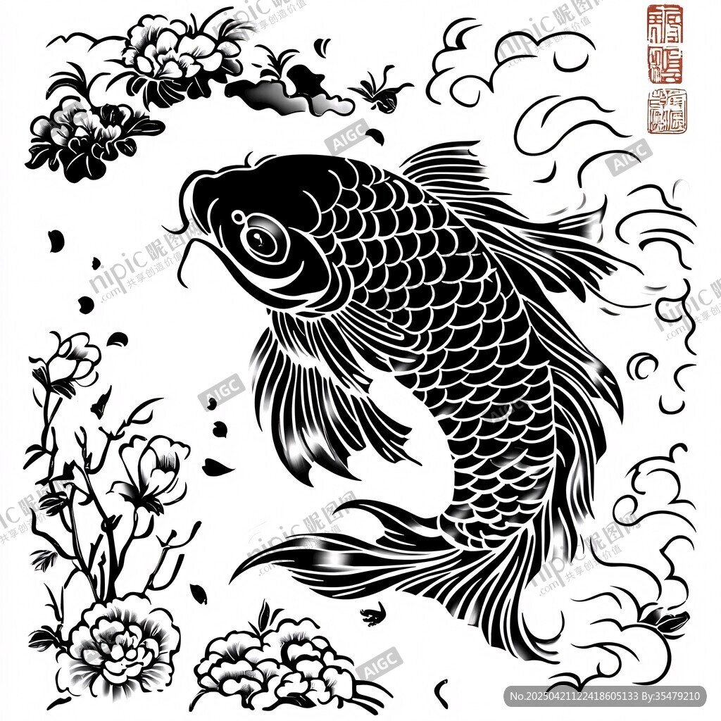 水墨錦鯉伴繁花云紋圖