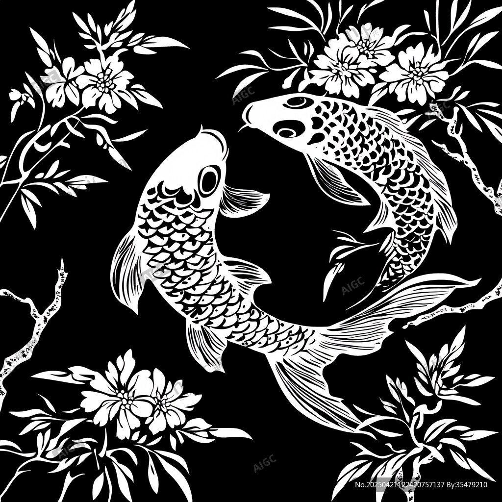 雙鯉戲花黑白中式圖案