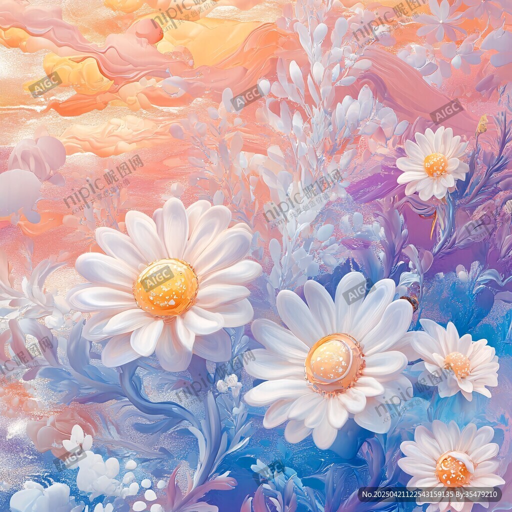 夢幻雛菊花卉浪漫插畫
