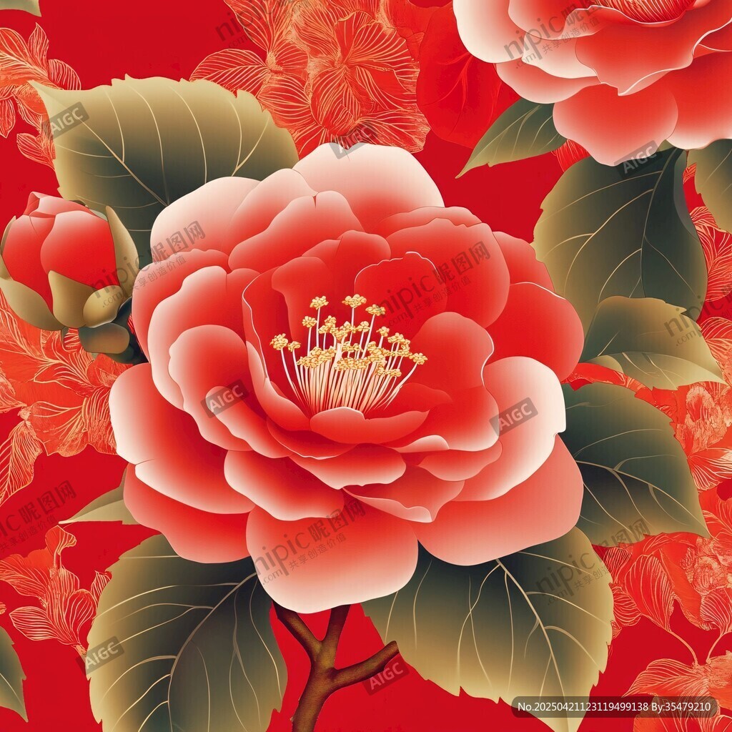 艷麗紅牡丹喜慶花卉圖案