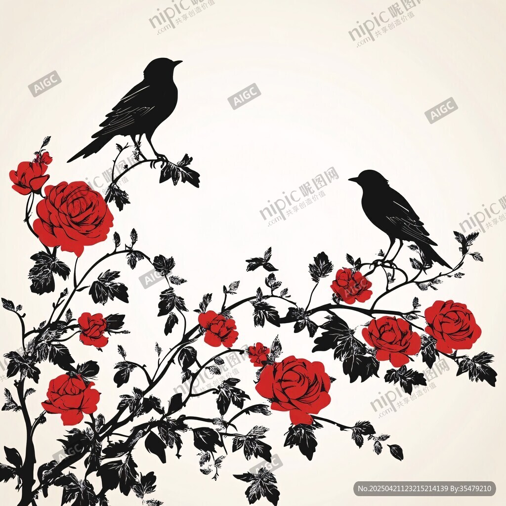 雙鳥棲于玫瑰枝上圖